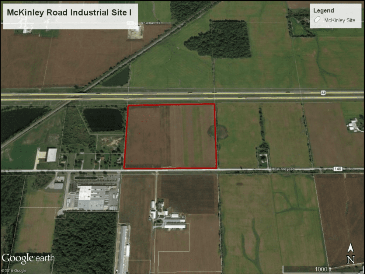 Aerial view of McKinley Road Industrial Site I with red boundary outline highlighting the property parcel in St. Marys.