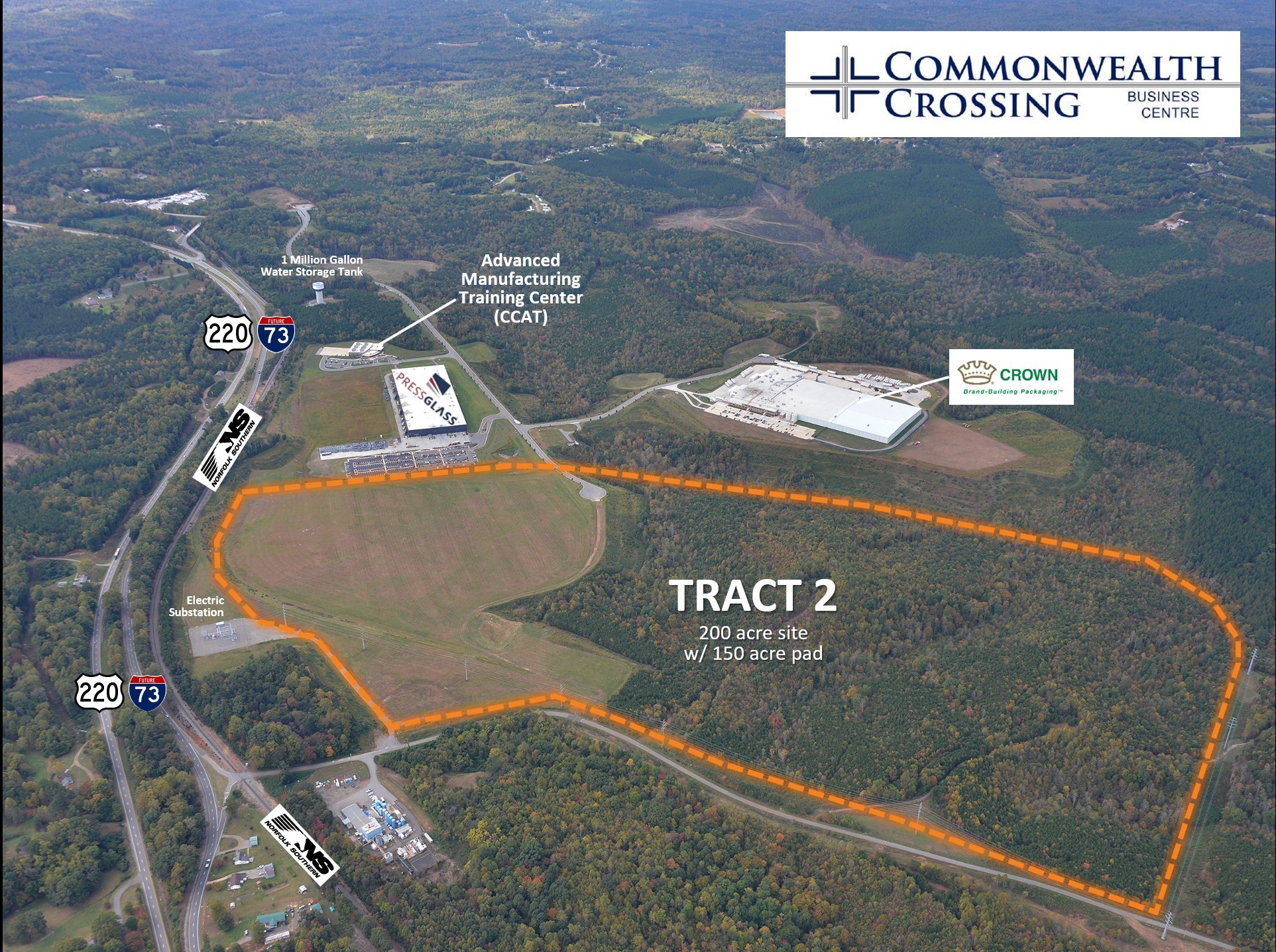 Aerial view of Commonwealth Crossing Tract 2, a 200-acre commercial development site near I-95 and I-64 in Virginia.