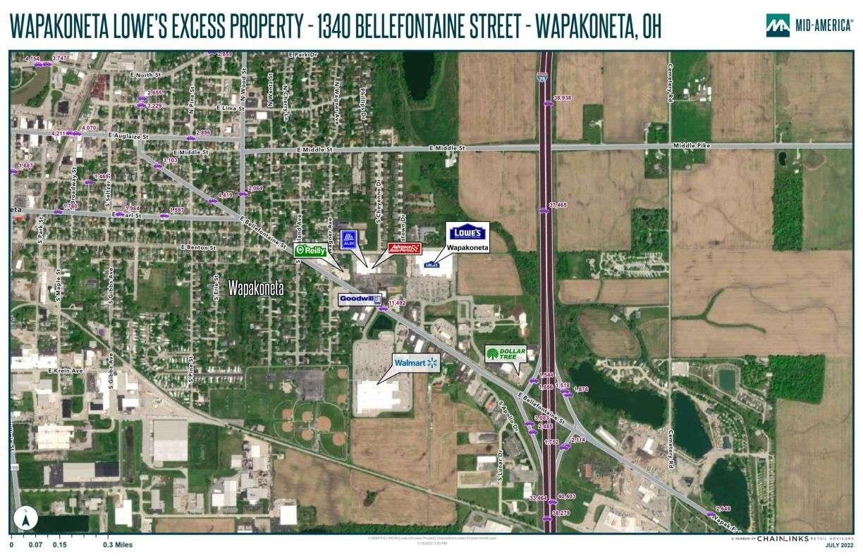 Aerial map of Wapakoneta, OH showing Lowe's excess property at 1340 Bellefontaine Street with surrounding roads and developments.