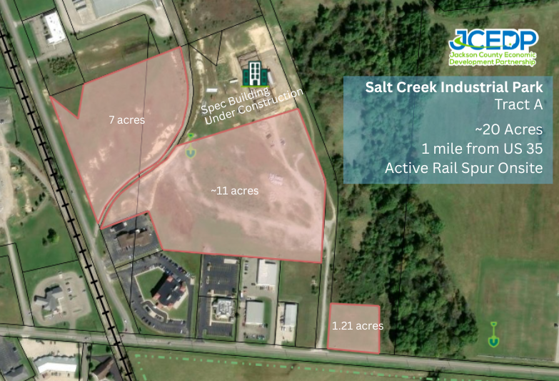 Aerial map of Salt Creek Industrial Park Tract A showing ~20 acres near US 35 with rail access.