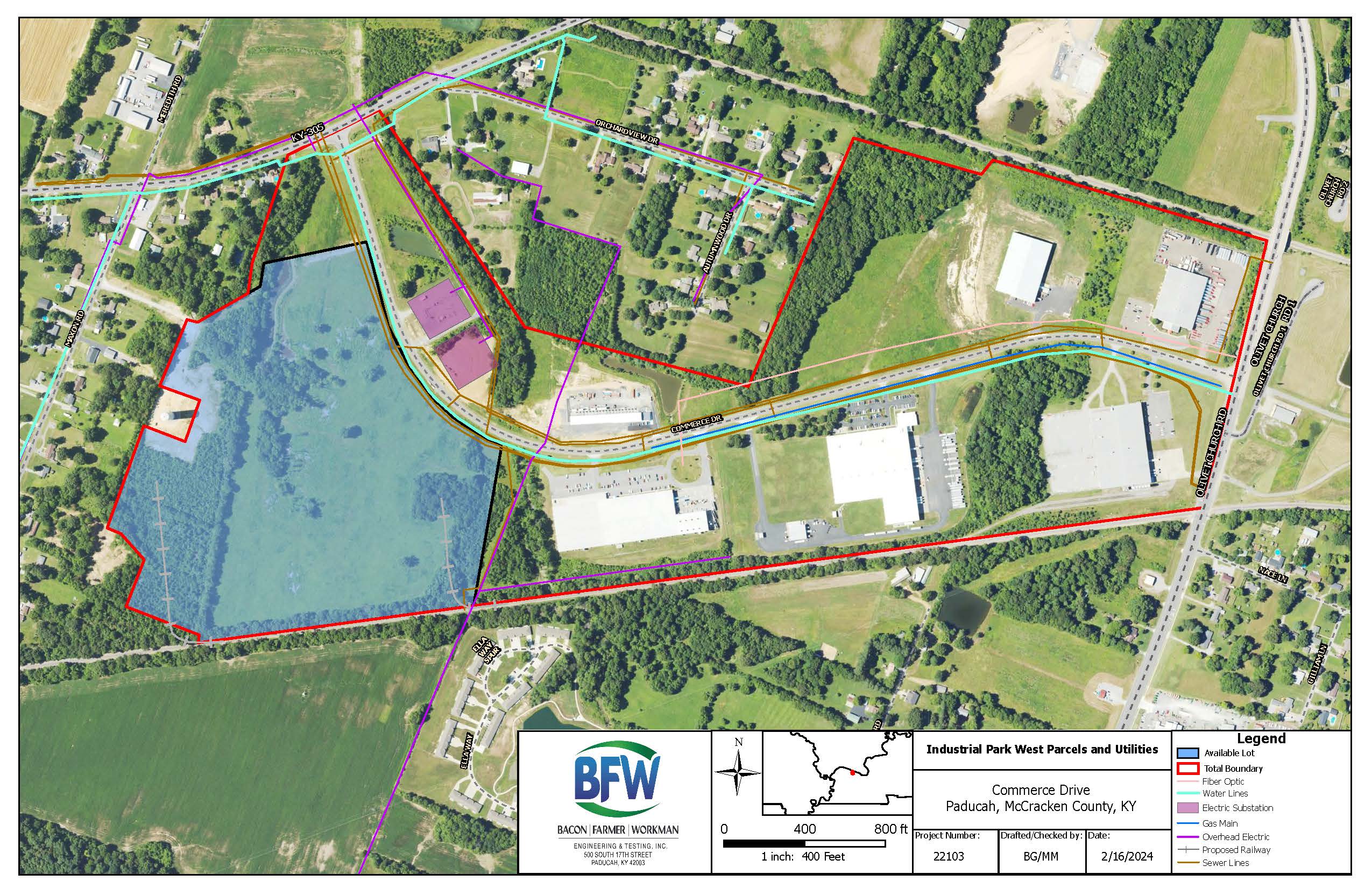 Aerial map showing a blue water body with surrounding residential areas, roads, and white industrial buildings with BFW logo.