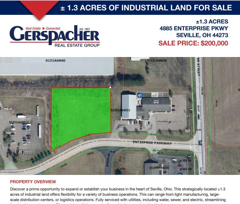 Aerial map of 1.3 acres of industrial land for sale at 4885 Enterprise Parkway, Seville, OH for $200,000.