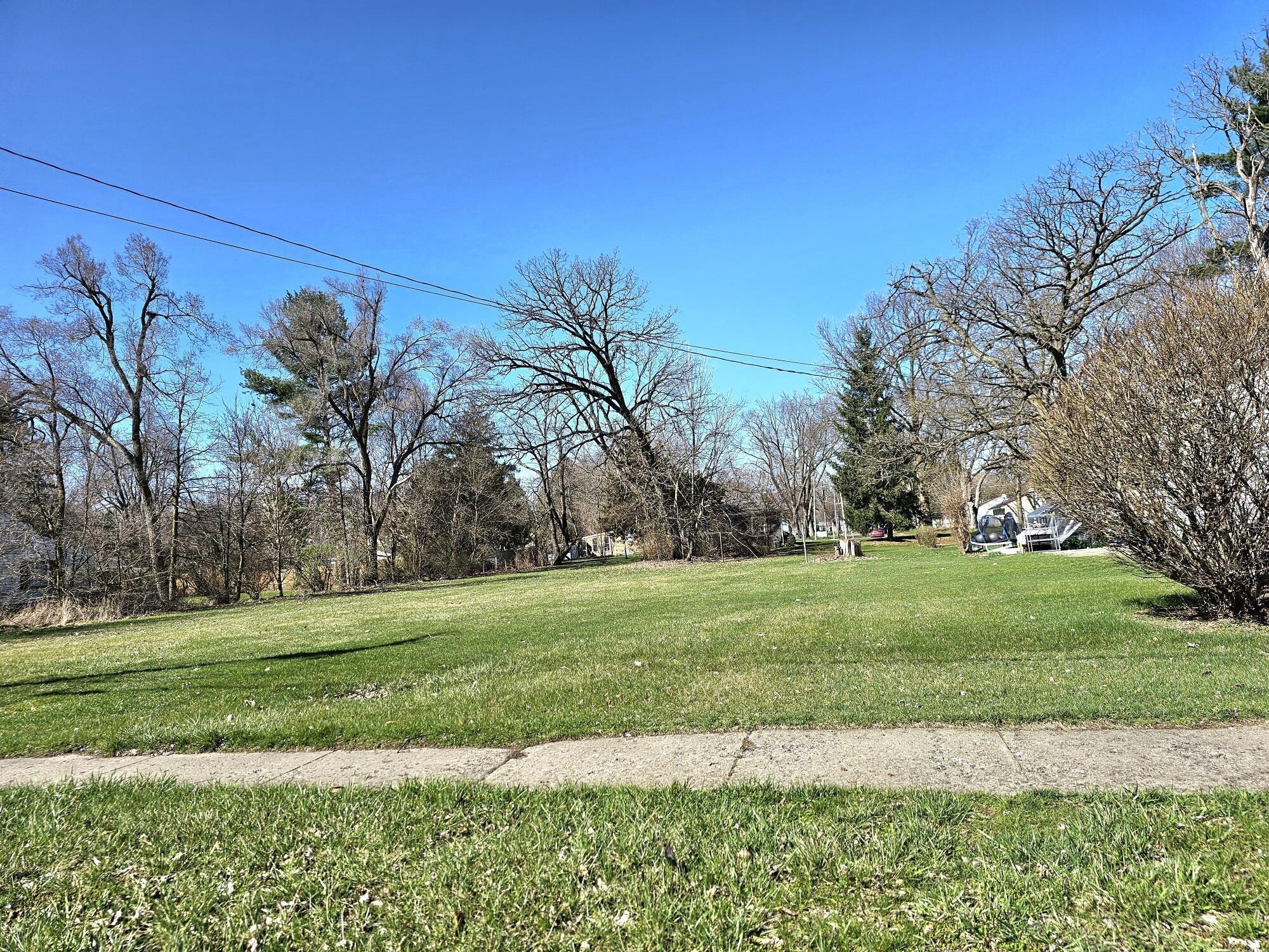 A spacious green lawn with bare trees and evergreens under a clear blue sky on a spring day.