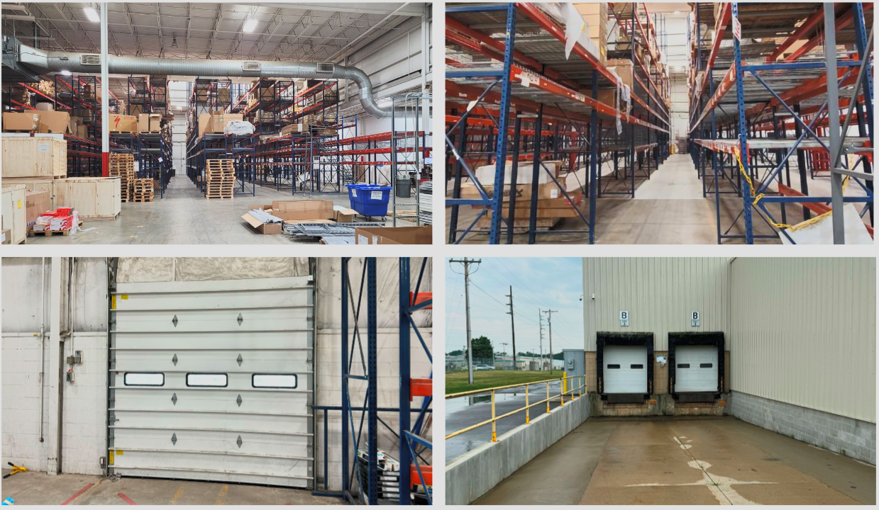 Four views of warehouse and industrial storage facilities showing interior racks, loading dock, garage door, and exterior loading area.