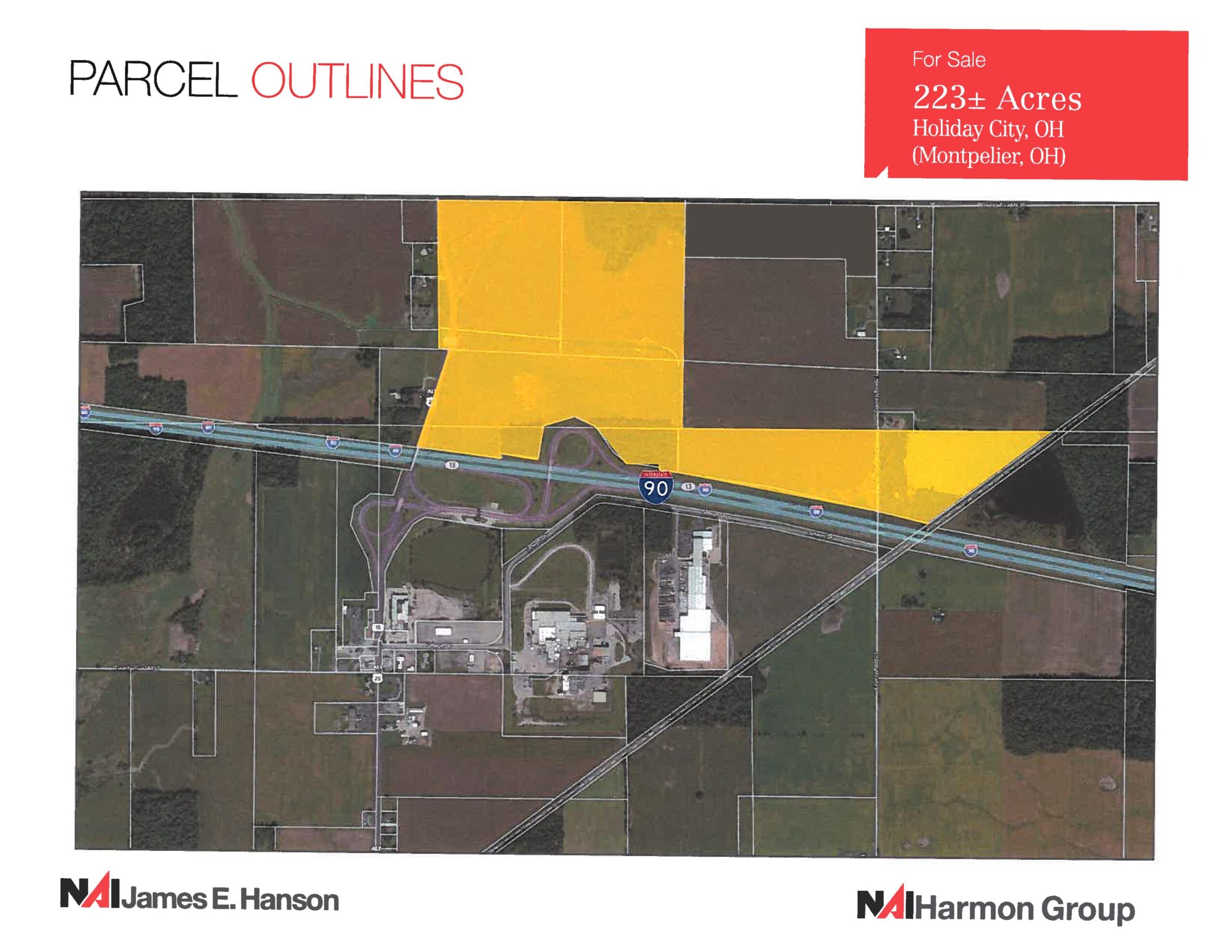 Parcel outlines map showing 223+ acres for sale in Holden, OH with highlighted yellow property sections near Interstate 90.