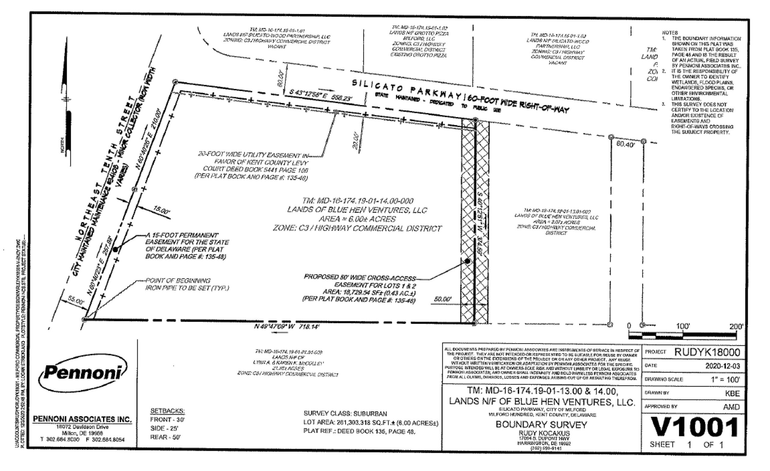 Architectural boundary survey plan V1001 showing property lines, dimensions, and site details for a commercial or residential parcel.