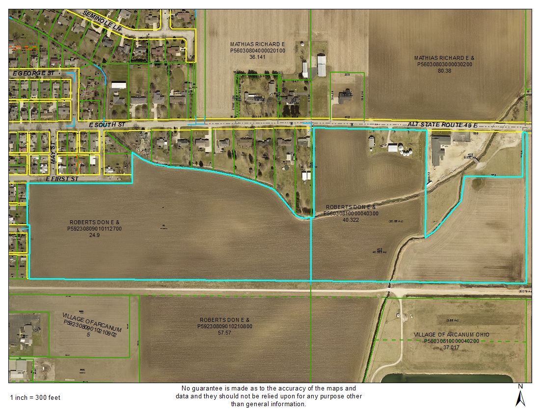 Aerial map showing property boundaries and land parcels with roads and residential development areas outlined in teal.