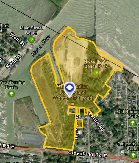Map showing Nickel Plate Beach Park area with yellow boundary outline and nearby streets including Cleveland Road and Lakeshore Road.