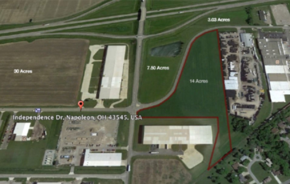 Aerial map of Independence Drive property in Napoleon, Ohio showing 50+ acres with multiple buildings and green spaces.