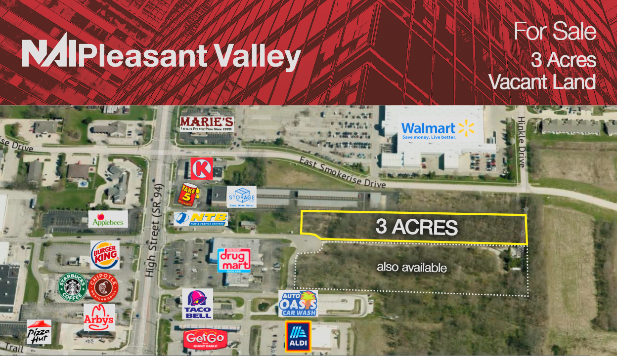 Aerial map of Pleasant Valley showing 3-acre vacant land for sale near Walmart and surrounding commercial properties.