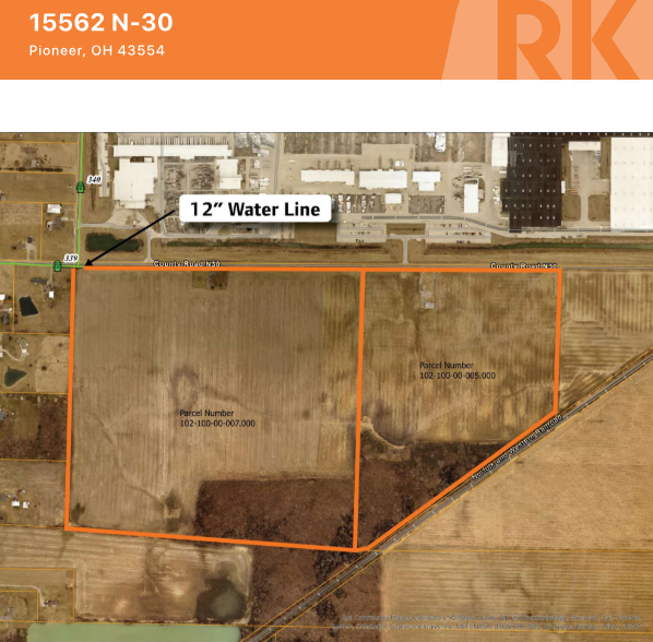 Aerial map of 15562 N-30 in Pioneer, OH showing property boundaries, parcel numbers, and 12" water line location.