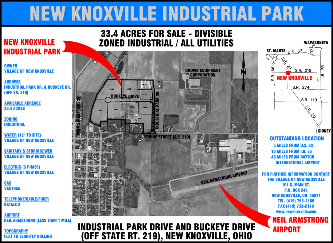 New Knoxville Industrial Park aerial map showing 33.4 acres of divisible zoned industrial land with utilities available for sale in Ohio.