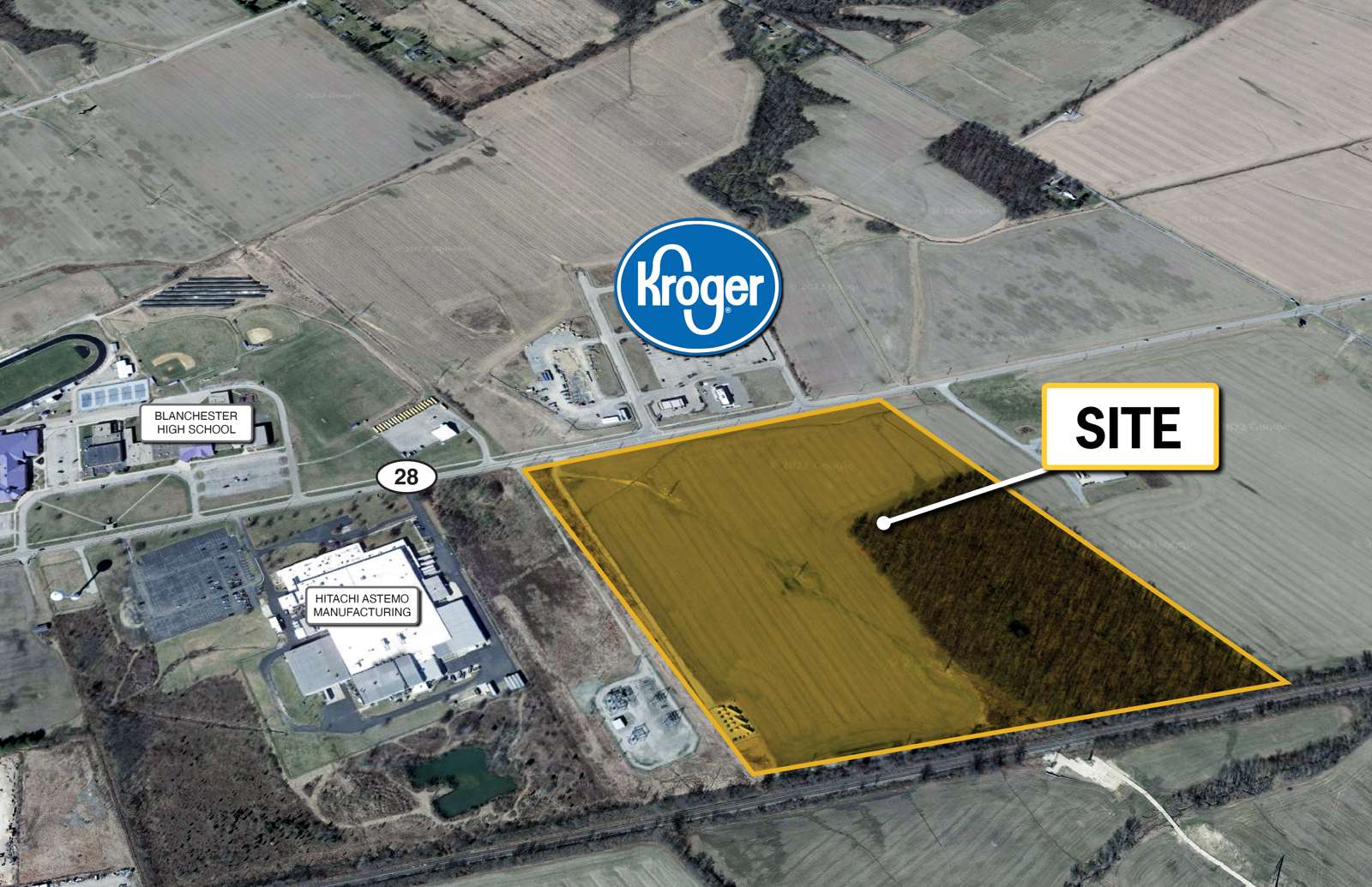 Aerial view of Blanchester Industrial Park showing Kroger facility and available industrial site with yellow boundary outline.