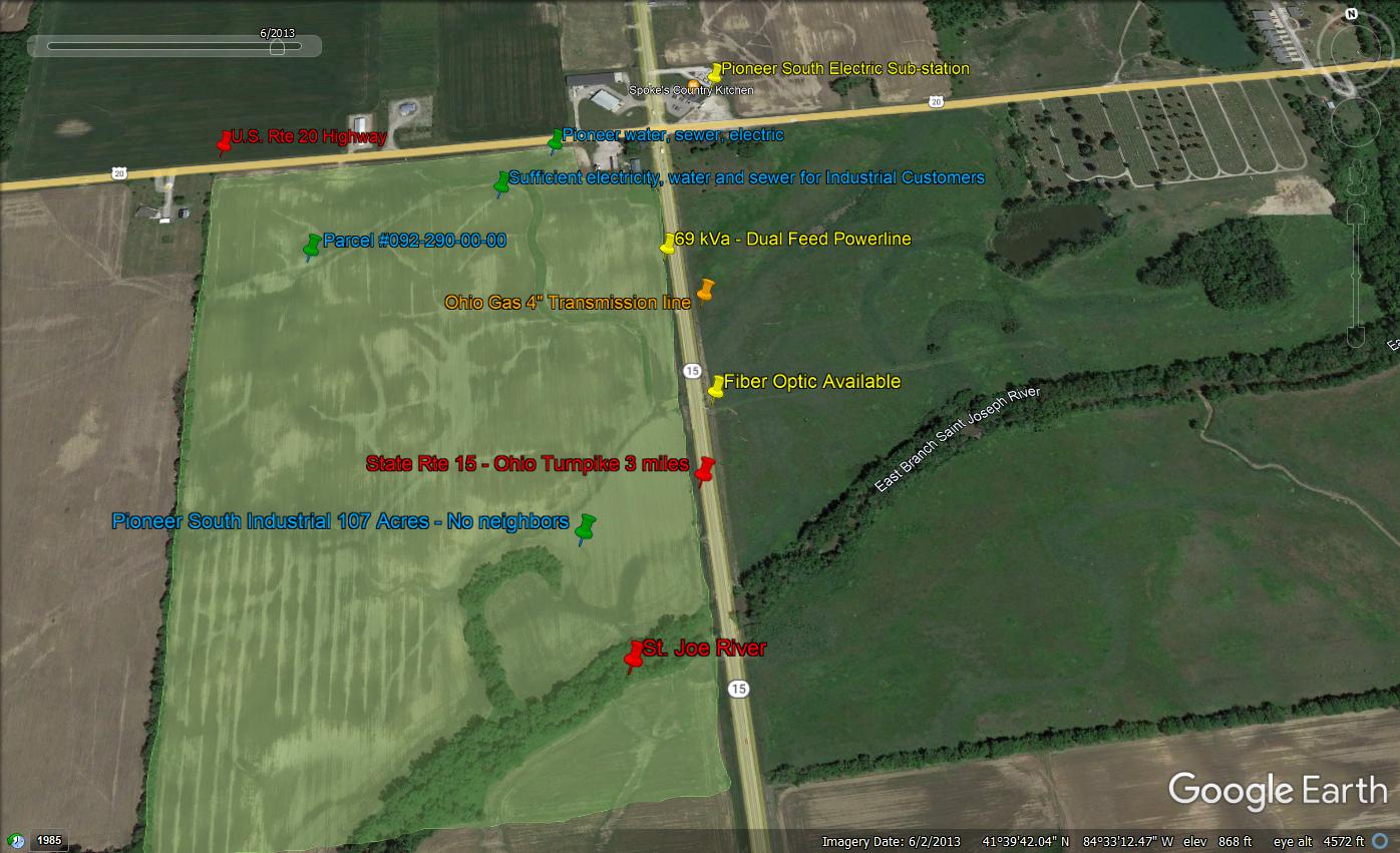 Aerial map view showing property boundaries, roads, and utility lines with colored annotations marking various features and locations.