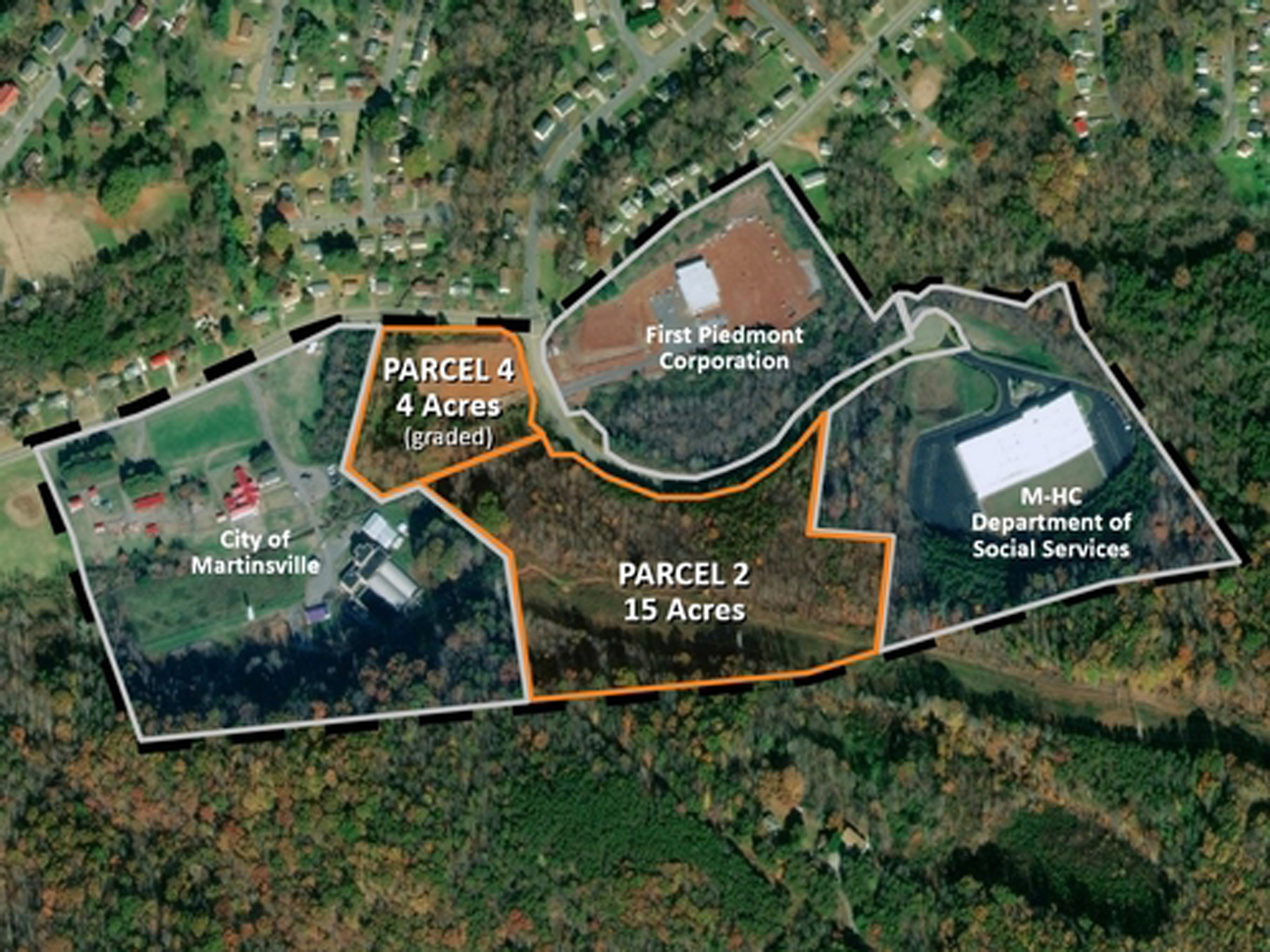 Aerial map showing Parcel 2 (15 acres) and Parcel 4 adjacent to First Piedmont Corporation and Department of Social Services near Martinville.