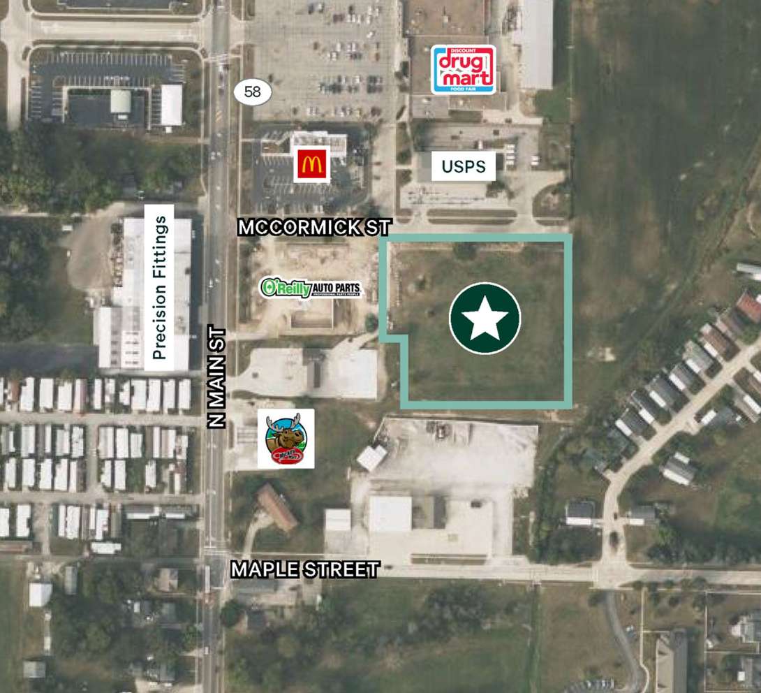 Aerial map of McCormick Street area showing nearby businesses including McDonald's, Drug Mart, and USPS, with a marked location indicated by a star.