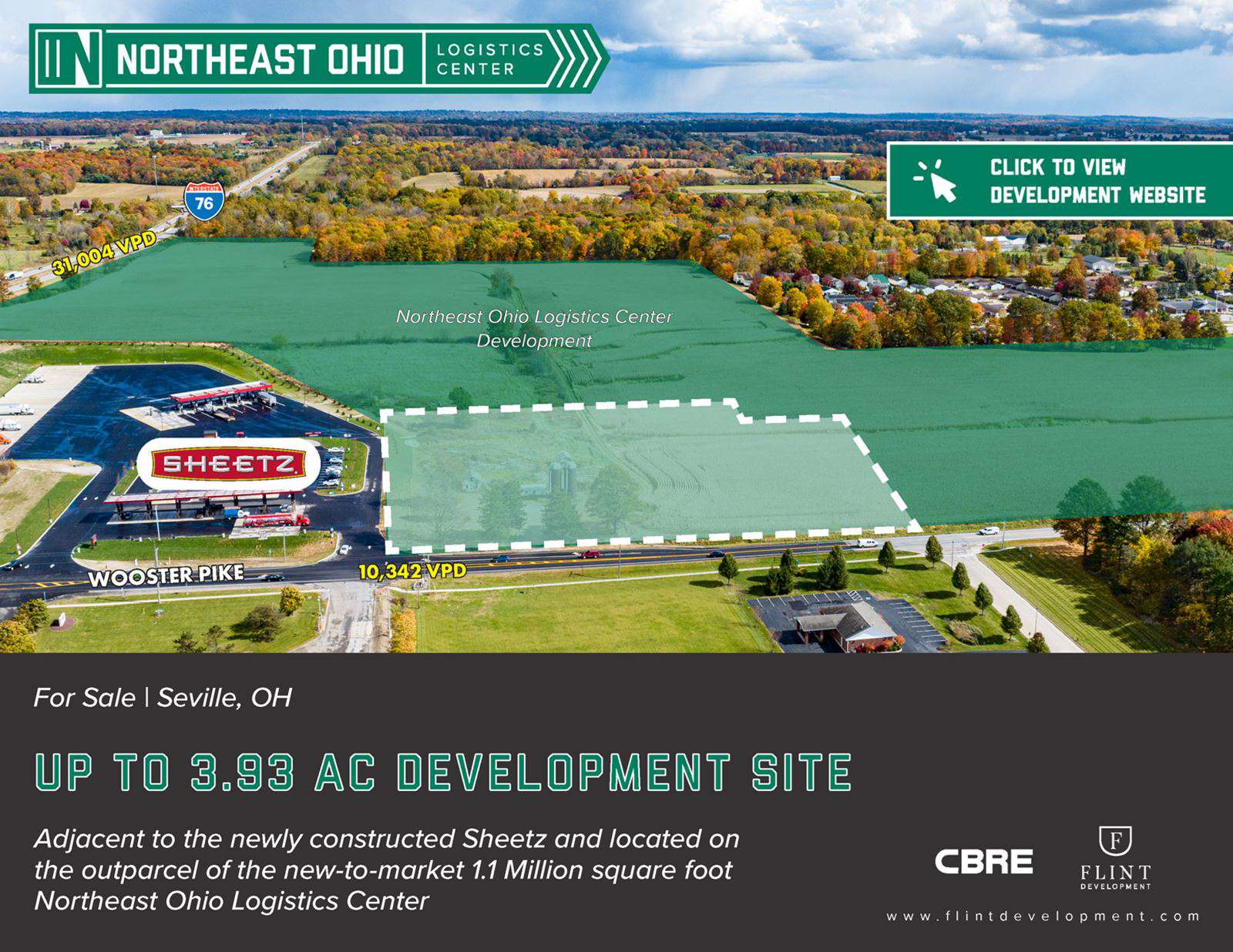 Aerial view of 3.93-acre development site in Seville, OH near Sheetz and I-76 for Northeast Ohio Logistics Center.