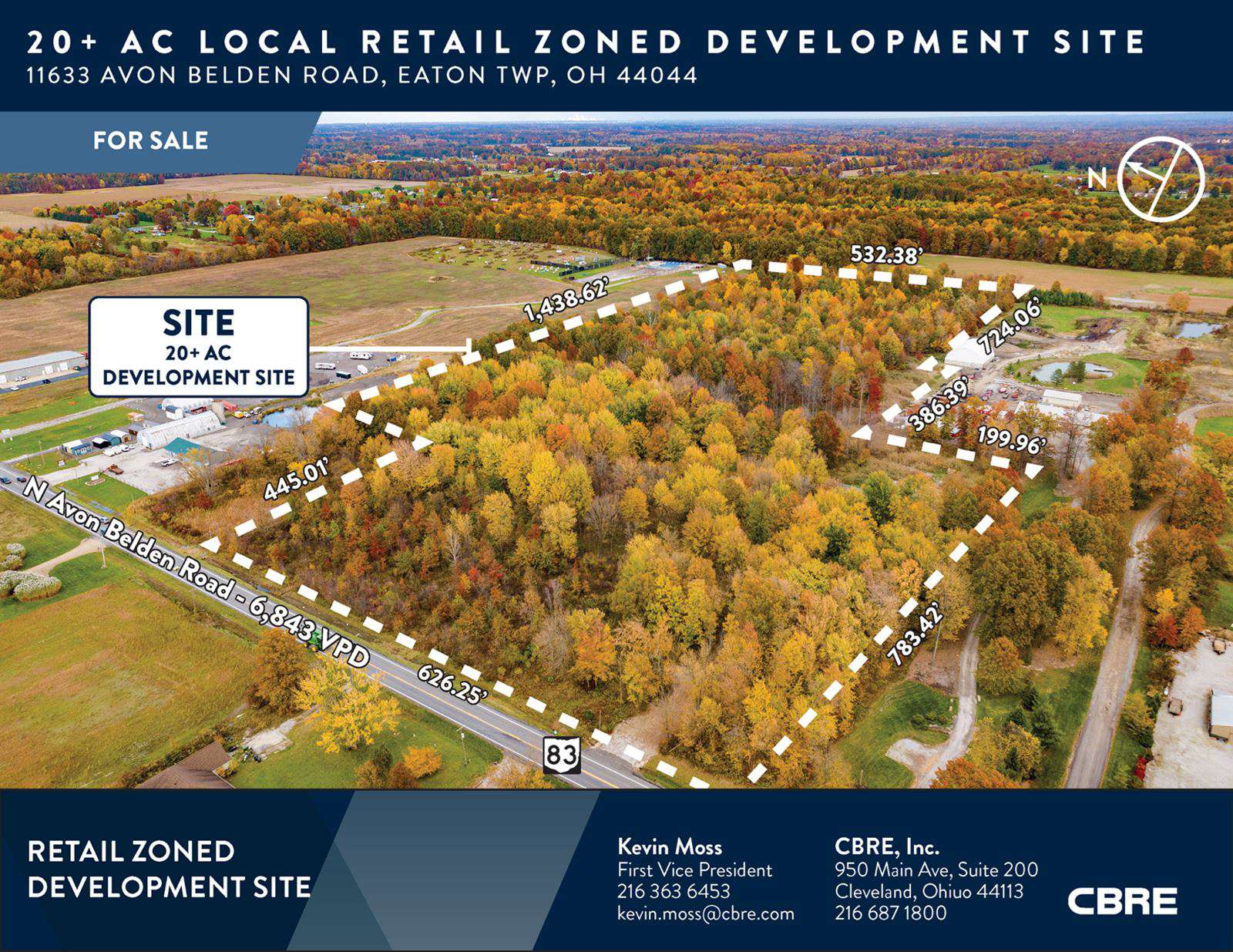 Aerial view of 20-acre retail-zoned development site in Eaton Township, Ohio, bordered by roads and surrounded by trees.