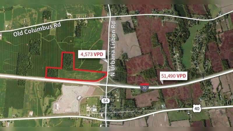 Aerial map of South Vienna land parcels showing two properties with acreage and pricing along Old Columbus Road.