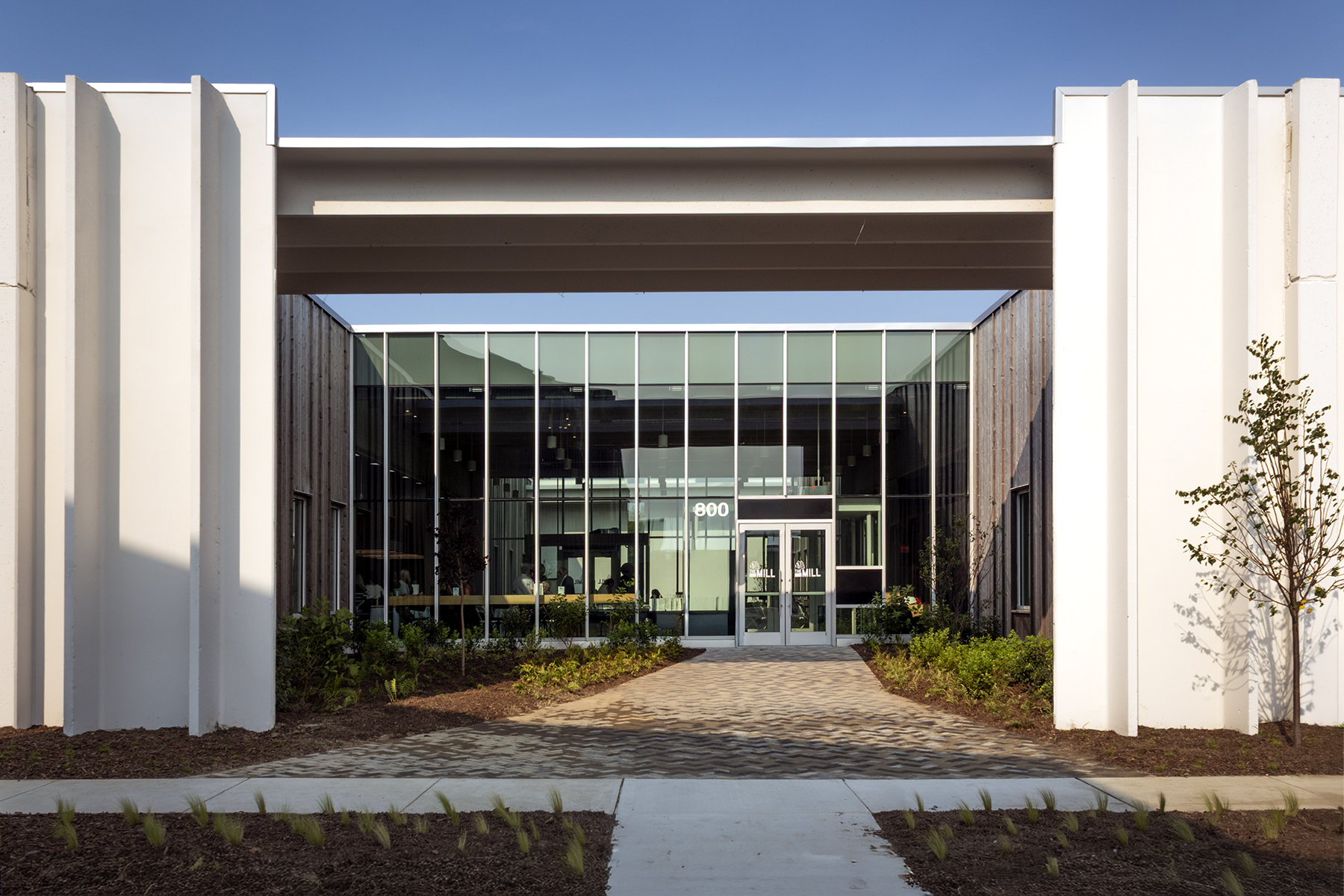 Modern building entrance with white vertical panels, glass facade, and landscaped courtyard under clear blue sky.